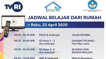 Update Jadwal Belajar Dari Rumah di TVRI Hari Rabu 22 April 2020