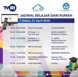 Update Jadwal Belajar Dari Rumah di TVRI Hari Selasa 21 April 2020