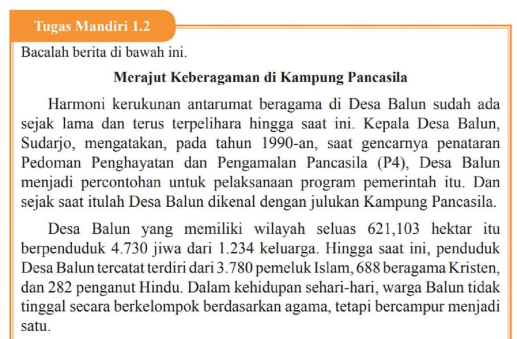 Tugas Mandiri 1.2 PKn Kelas 9 Halaman 12 Merajut Keberagaman di Kampung Pancasila