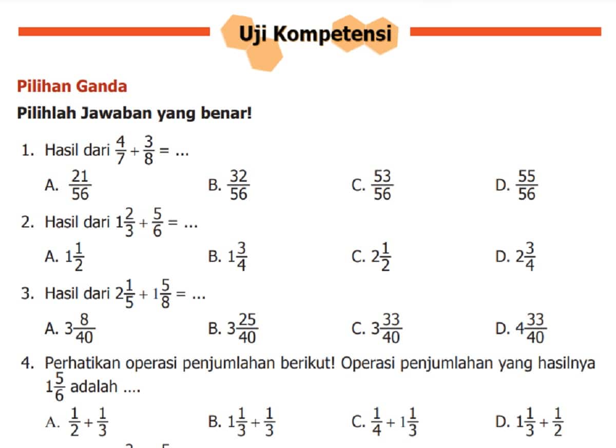 Kunci Jawaban Matematika Kelas 5 Halaman 15 Uji Kompetensi Pilihan Ganda, Pilihlah yang Benar
