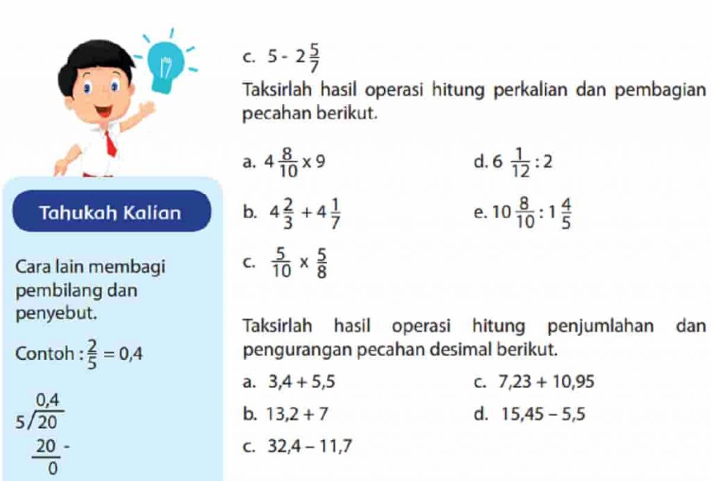 Taksirlah Hasil Operasi Hitung Penjumlahan dan Pengurangan Pecahan Desimal Berikut Matematika Kelas 4