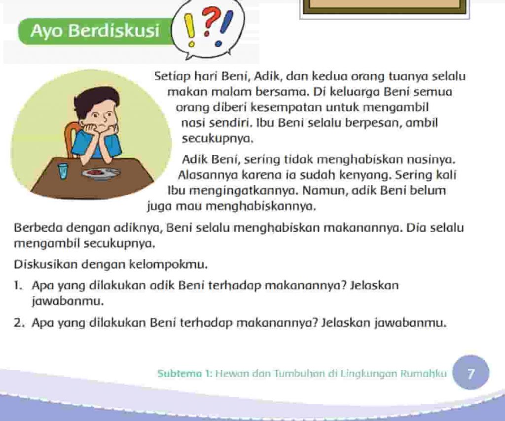 Apa yang Dilakukan Adik Beni Terhadap Makanannya Jelaskan Jawabanmu Halaman 7 Kelas 4 SD