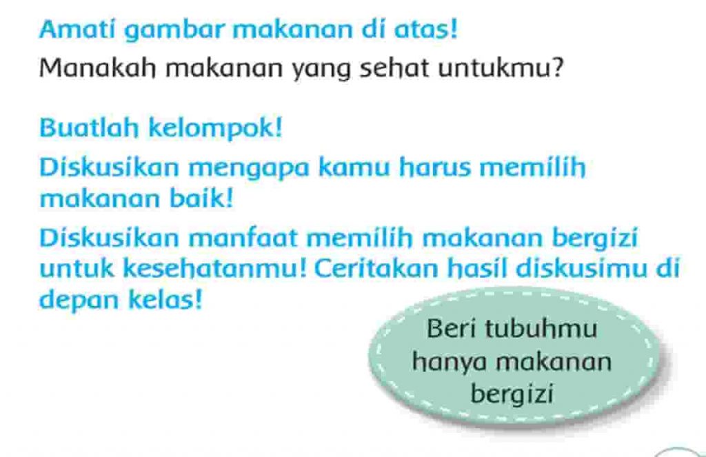 Diskusikan Manfaat Memilih Makanan Bergizi Untuk Kesehatanmu Halaman 107 Tema 4 Kelas 3 SD