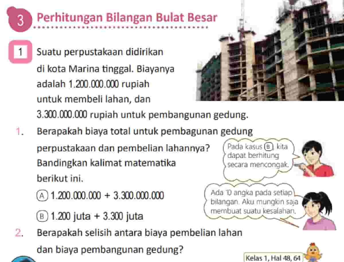 Kunci Jawaban Matematika Kelas 4 Volume 1 Halaman 19 20 Kurikulum Merdeka Berapakah Biaya Total Untuk Pembangunan Gedung Perpustakaan