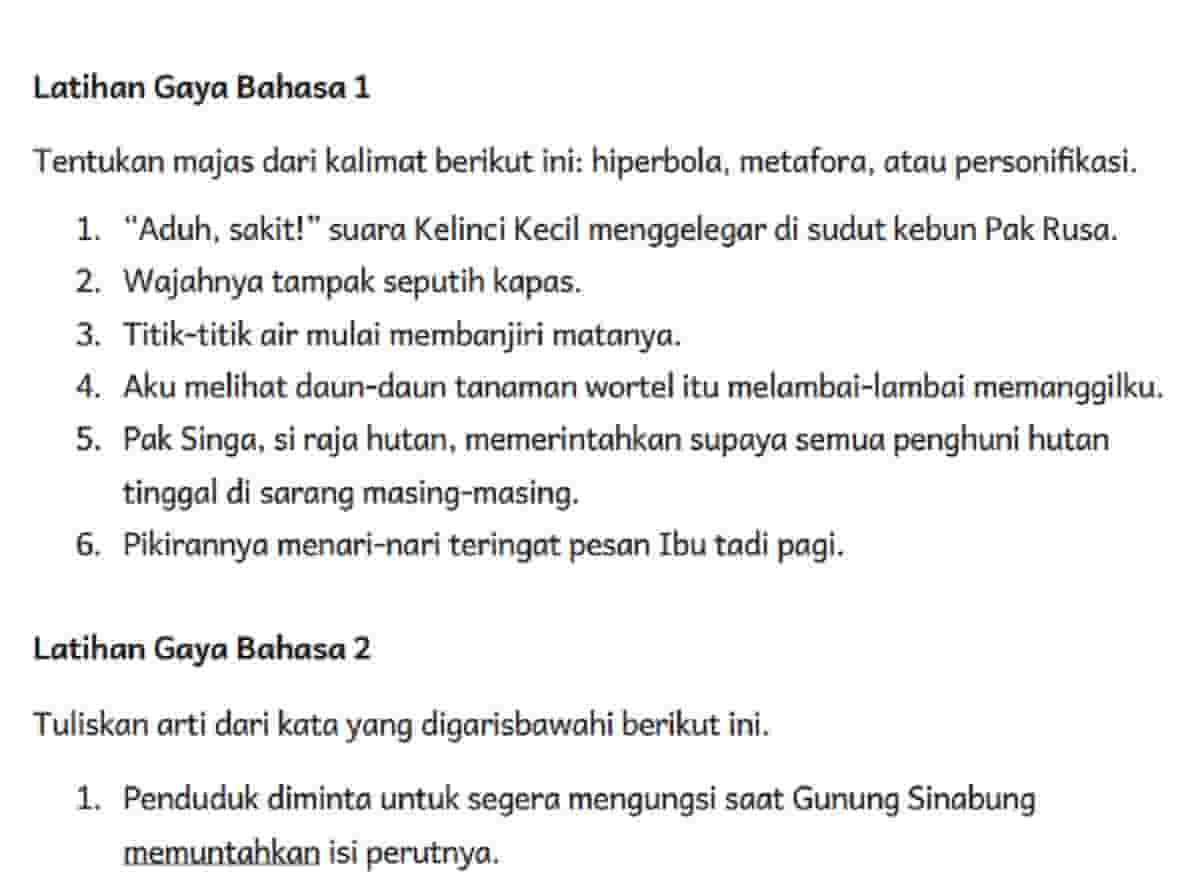 Kunci Jawaban Bahasa Indonesia Kelas 5 Halaman 33 Kurikulum Merdeka Latihan Gaya Bahasa 1 & 2