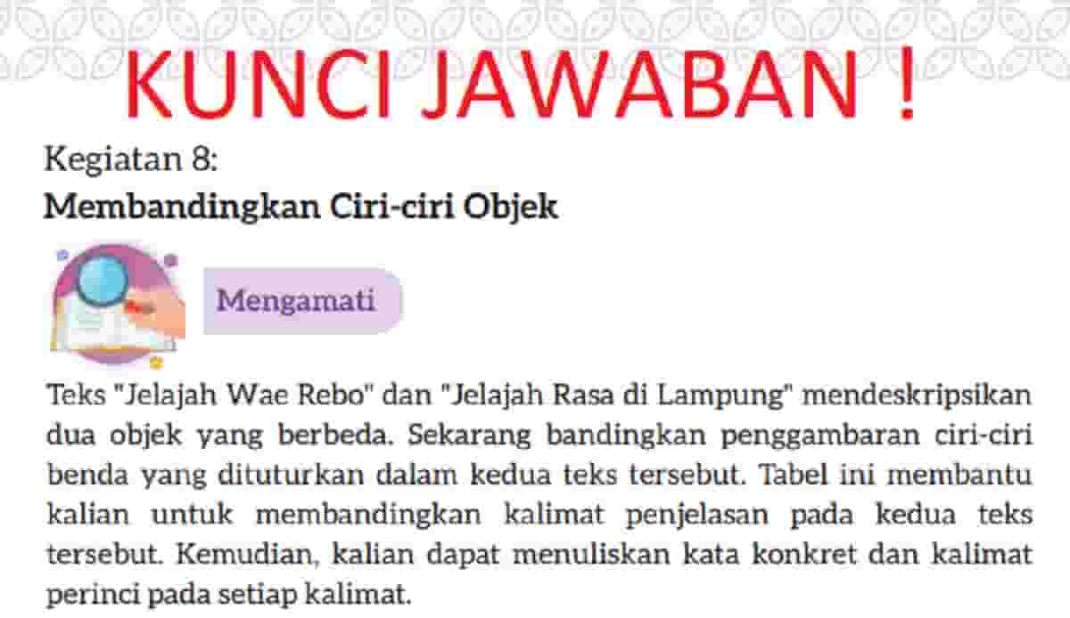 Kunci jawaban Bahasa Indonesia kelas 7 halaman 28 kurikulum merdeka kegiatan 8 Membandingkan Ciri-ciri Objek Teks Jelajah Wae Rebo dan Jelajah Rasa di Lampung