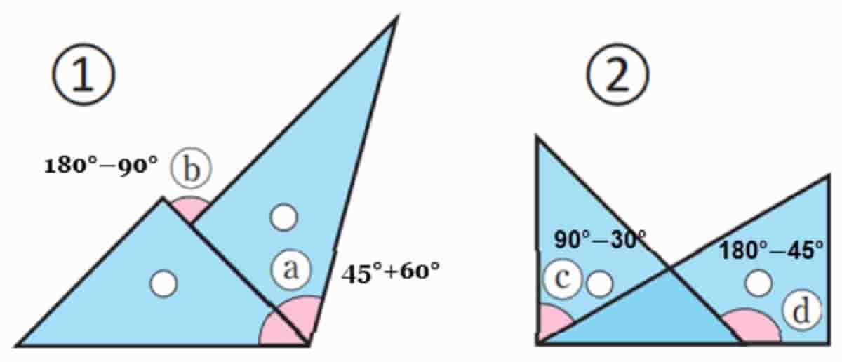 Dua segitiga yang berbeda digunakan untuk membuat sudut seperti yang ditunjukkan di bawah ini Tentukan besar sudutnya a, b, c dan d
